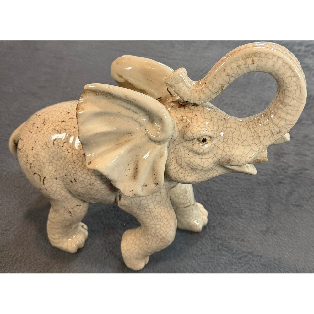 Vintage Ceramic Elephant Figurine Crackle Glaze Lucky Upturned Trunk Off-White - Picture 4 of 16